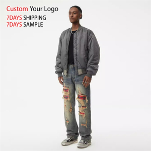 Jean en denim de haute qualité à jambe large, style streetwear décontracté, délavage effet neige, effet usé personnalisé, coupe droite, coupe ample, déchiré, taille mi-haute - Product Image 5