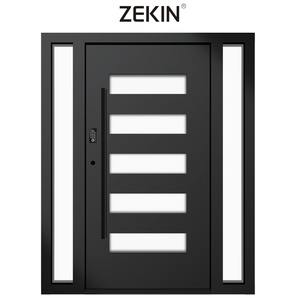 Porte d'entrée de luxe ZEKIN DOOR, design chinois moderne, bois massif, acier inoxydable, verre, à battants, pour maison, bureau, hôtel, villa - Product Image 3