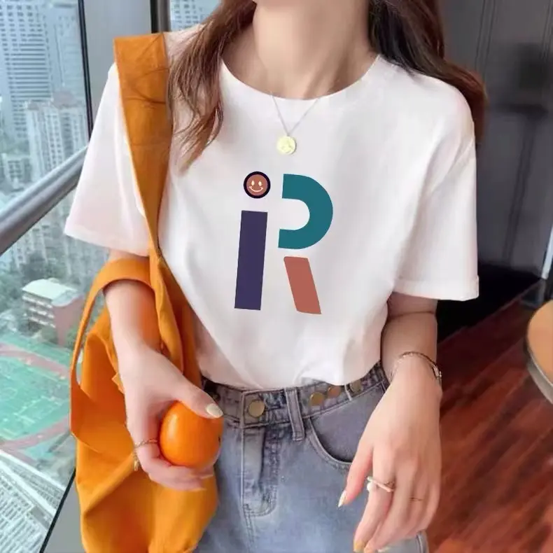 Nuova t-shirt in cotone scollo a manica corta da donna t-shirt alla moda con motivo stampato con lettera vestiti estivi semplici Casual t-shirt