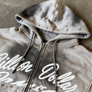Faded 400 Gsm Streetwear Graphic Heavyweight Acid Wash Zip Hoodie 100% Cotton Unisex Boxy Custom Zip Up Rhinestone Hoodie - Product Image 2