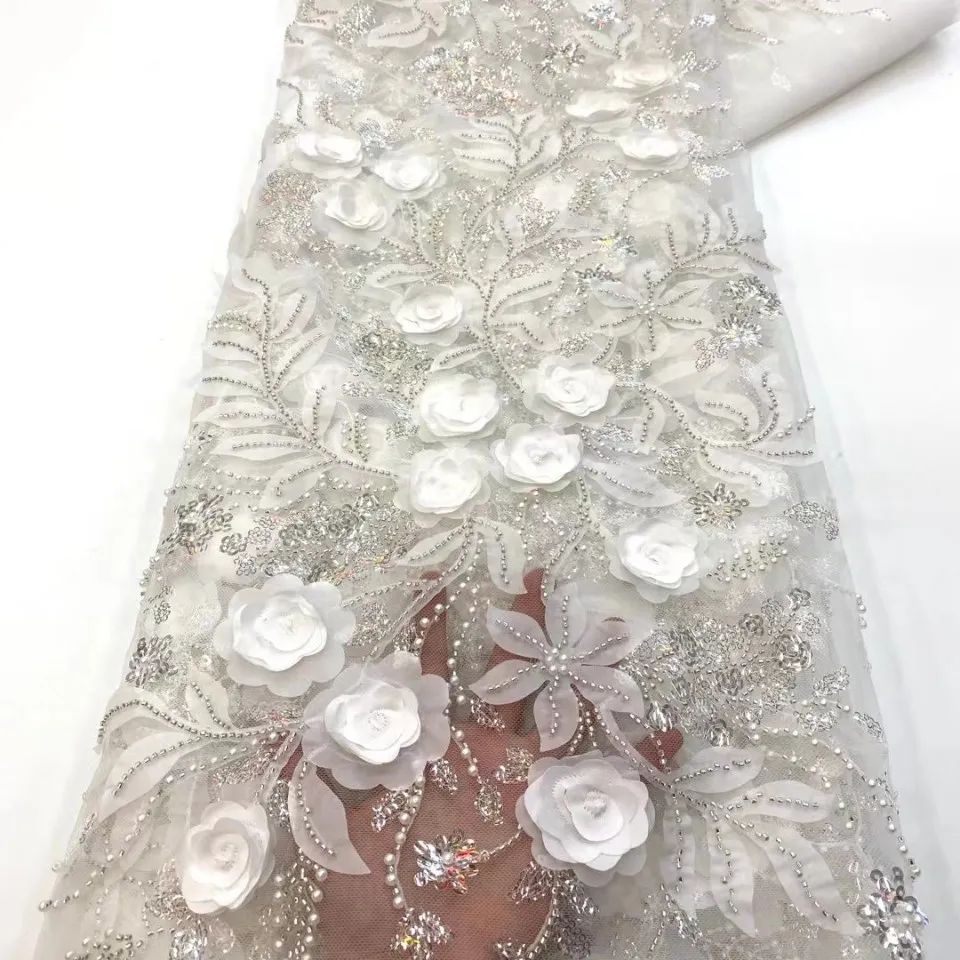 LS287 Fashion Bead Tube Wedding Dress Fabric 3D Laser Three-dimensional Flower Lace Fabric Suitable For Evening Dress