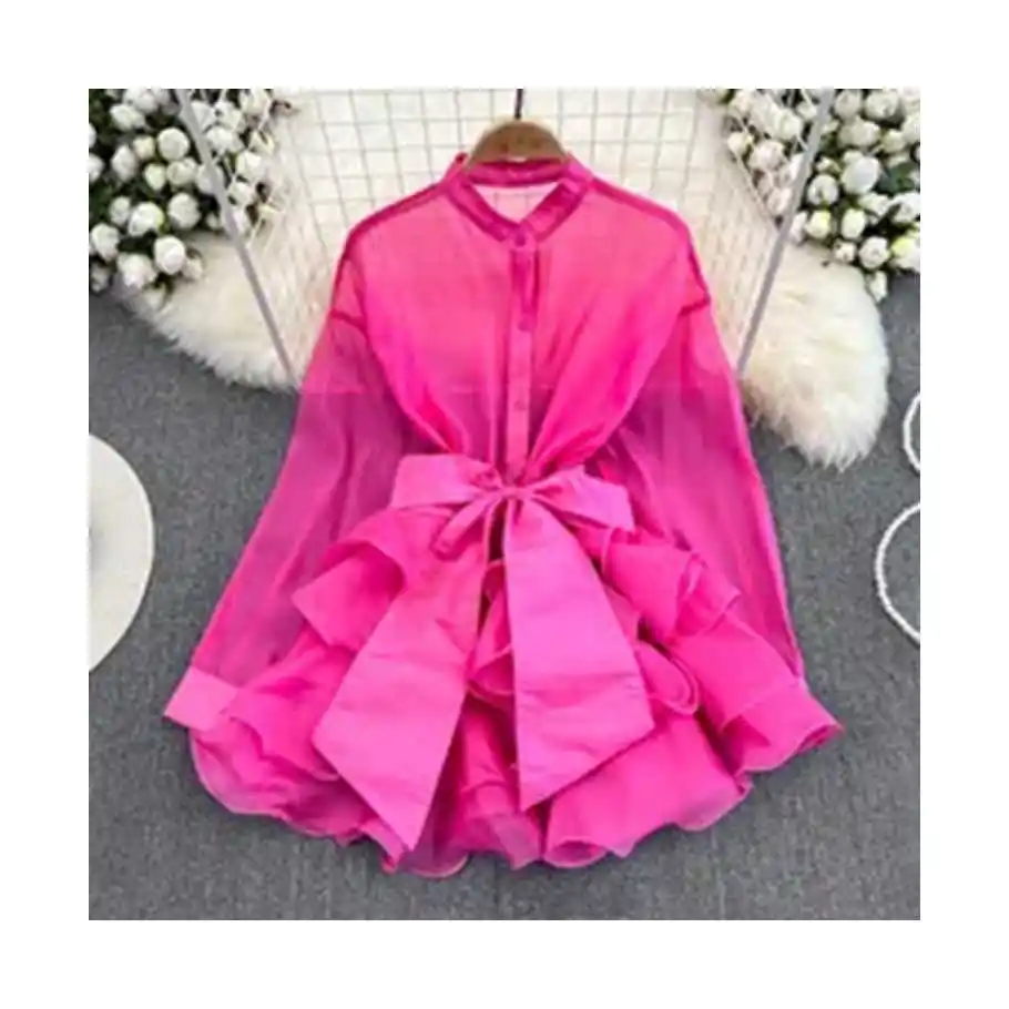 2023 Fashion Long Sleeved Round Neck Top Ruffled Ladies Blouses Single Breasted Elegant Chiffon Shirt For Women Clothing