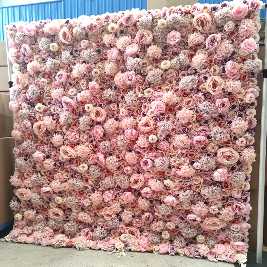 Custom Wedding Hotel Wall Backdrop Decor 3D Roll Up Flower Wall Mat Artificial Silk Peony Flower Wall Backdrop Panel