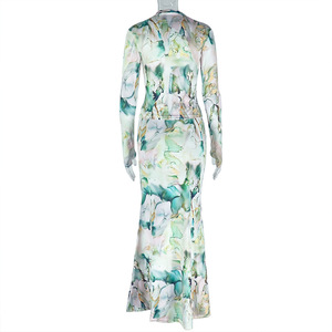 Affascinante Abito Lungo a Maniche Lunghe con Stampa Astratta Verde e Bianca - Glamour Senza Sforzo, Abiti Sexy da Donna per l'Autunno - Product Image 4