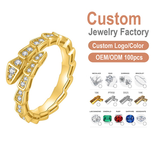 <span class=keywords><strong>Anello</strong></span> Aperto in Argento S925 Placcato <span class=keywords><strong>Oro</strong></span> 18K, Design Classico a <span class=keywords><strong>Serpente</strong></span> con Moissanite VVS1 Scintillante, Regolabile, per Matrimoni di Lusso - Product Image 1