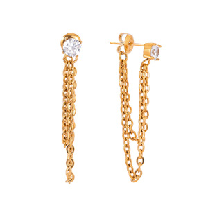 Pendientes de Araña con Cadena Dorada, Borla Redonda y Circonita Blanca Engastada en Garra, de Acero Inoxidable, Joyería para Fiesta - Product Image 5