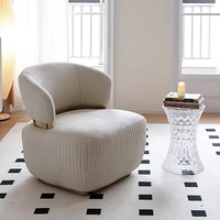 Fauteuil d'appoint de luxe en velours blanc avec base en métal doré, fauteuil rond confortable à rayures verticales pour salon et chambre à coucher
