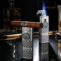Briquet à cigares et cigarettes rechargeable coupe-vent, portable, en métal, à double flamme réglable, au propane/butane, avec coupe-cigare intégré