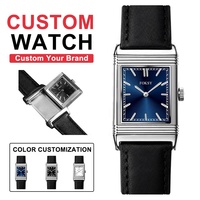 Montre à cadran personnalisé avec logo, montre de luxe rectangulaire réversible pour homme, montre à quartz, boîtier en acier inoxydable, montre-bracelet vintage