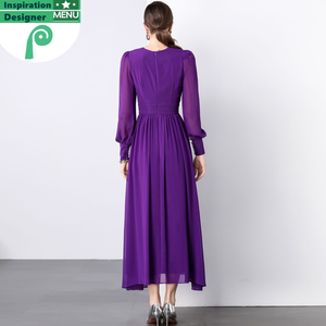 Robe longue élégante pour femme, prête à être expédiée, jupe plissée violette tendance, manches longues, col en V, pour les soirées. - Product Image 5