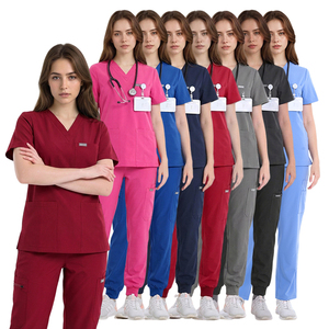 Ensembles d'uniformes médicaux unisexes confortables, blouses d'infirmière à col en V et manches courtes, pantalon jogger avec cordon de serrage à la taille, vente en gros - Product Image 1
