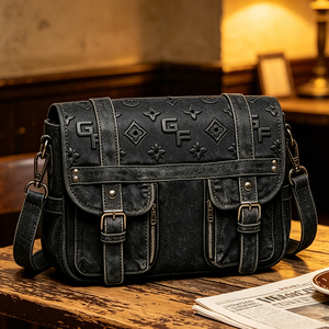 Sac messager à rabat en denim noir délavé avec monogramme, pour homme, multi-poches, utilitaire, sac bandoulière, fermeture éclair, tendance, imperméable - Product Image 1