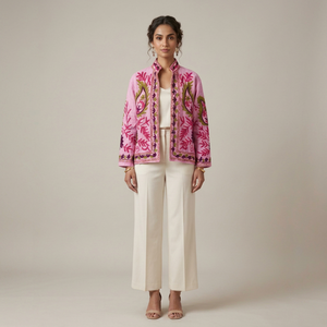 Veste en velours rose brodée Suzani pour femme, faite à la main, motif floral, style bohème ethnique, boutique, vente en gros, fournisseur de vêtements d'extérieur tendance - Product Image 1