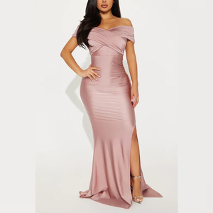 <span class=keywords><strong>Elegante</strong></span> Vestido de Noche Formal de Satén Rosa Rubor con Hombros Descubiertos, Corte Sirena, Abertura Alta y Largo hasta el Suelo para Fiesta de Mujer, Personalizado - Product Image 2
