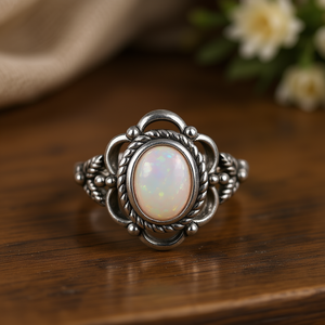 Anello da Cocktail Ovale in Argento Anticato con Opale Naturale da Donna, Design Floreale, Montatura a Castone, Gioiello Quotidiano in Lega, Idea Regalo - Product Image 2