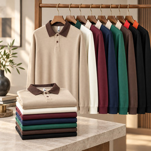 Wholesale Custom Logo 320 GSM Cotton Contrast Collar <b>Polo</b> Sweatshirt Heavyweight Long Sleeve Pullover OEM - Product Image 3