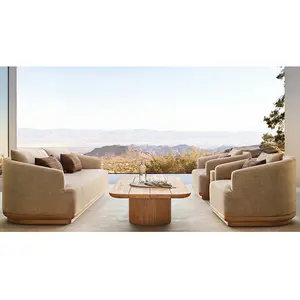 Conjunto de muebles de jardín de exterior nórdico, tela impermeable, Patio moderno, sofá de madera de teca maciza, sofá de exterior para Villa con mesa de centro
