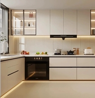 Dosseret en stratifié texturé 3D semi-brillant de qualité villa | Ensemble d'armoires de cuisine modulaires avec verre, MDF, robinet et quincaillerie d'évier