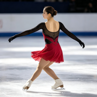 Robe de patinage artistique rouge et noire contrastée, en maille, à manches longues, avec strass en V, taille ajustée, pour la compétition et les spectacles