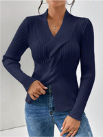 Col en V personnalisable pour femmes manches longues ourlet fileté fente Logo personnalisé pull d'hiver décontracté 52% Viscose 29% Polyester 19% Polyamide