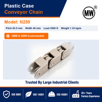 Hoogbelastbare N250 Case Conveyor Ketting Sideflex Radius 500 mm Werkbelasting 3500 N voor sterilisatielijn en snoepgoedlijn