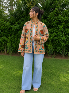 TNT Embroidered Knitted Floral Cotton Bomber <b>Jacket</b> <b>Women</b> Autumn/<b>Spring</b> Dusty Peach / Blush Pink (base Fabric) Brown - Product Image 1