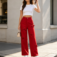 Pantalon décontracté plissé à taille haute pour femme, coupe droite, avec nœud et bouton, taille élastique, anti-plis, séchage rapide, respirant