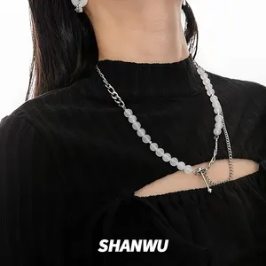 SHANWU 50CM putih bola giok manik kalung tipis barbel liontin Figaro rantai baja tahan karat Link Collier De Jade Blanc