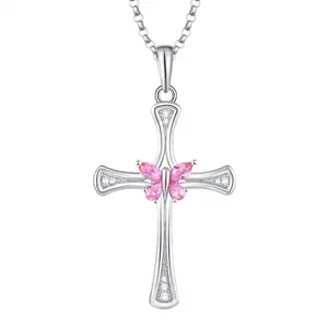 Zhefan benutzer definierte Schmuck Perle Schmetterling Zirkon vergoldet Kreuz Anhänger Halskette Frauen Sterling Silber Charm Kristall Halskette