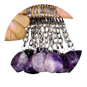 Porte-clés en pierre roulée de cristal poli, améthyste naturelle et agate, style Feng Shui, pierre précieuse de guérison, cadeau portable, Gujarat - Product Image 1