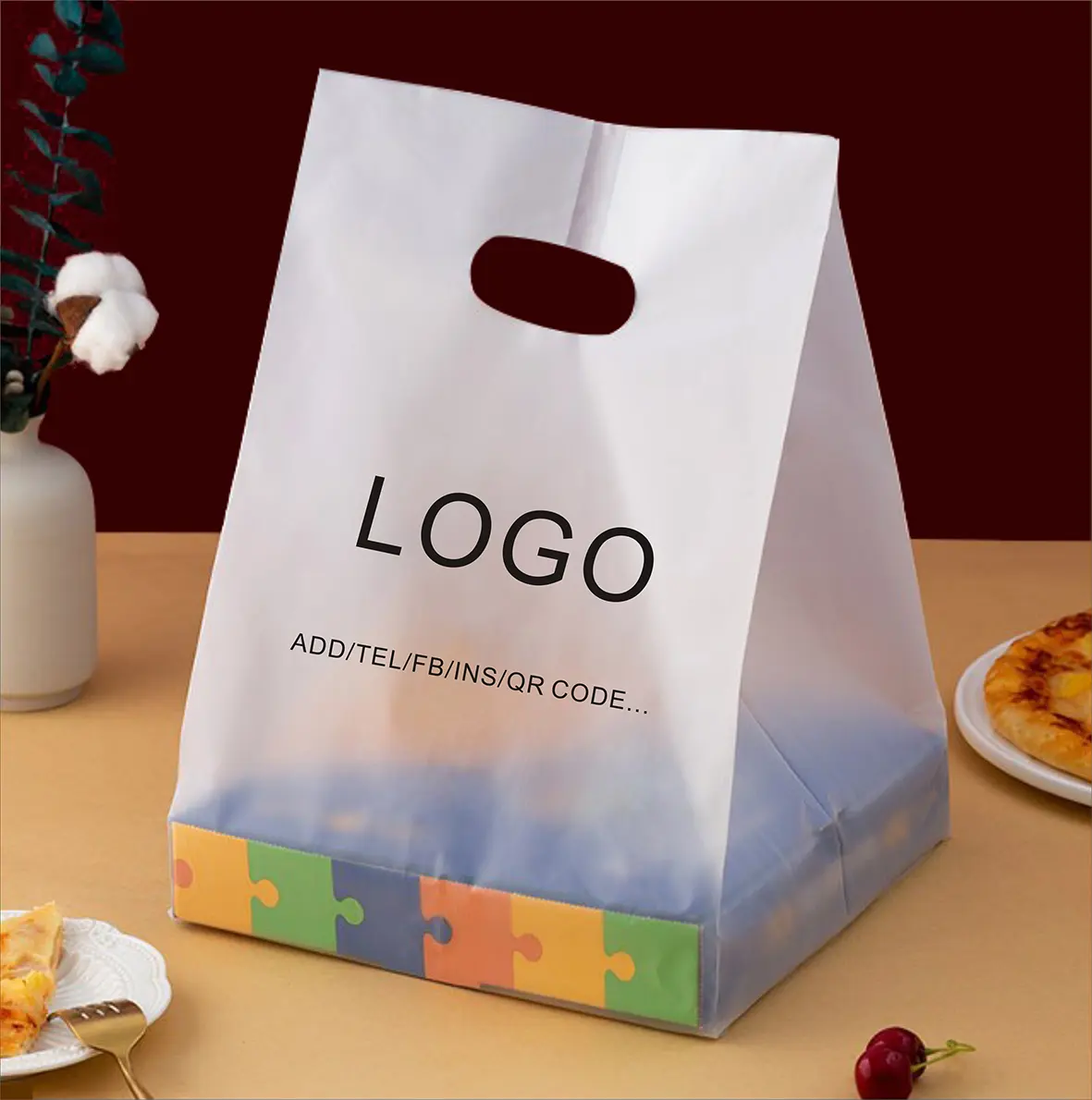 Прозрачные пластиковые пакеты для покупок с плоским дном, Доставка еды, ресторан, переноска, прозрачная сумка для пиццы, торта, вынос, с вашим логотипом