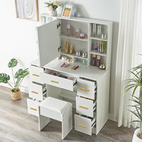 Coiffeuse Moderne en Bois pour Chambre avec Miroir Lumineux, Tabouret, 6 Tiroirs et 6 Étagères