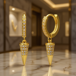 Boucles d'oreilles de luxe plaquées or avec diamants, style punk, pour femme, créoles en or 22 carats avec pendentif conique, pour usage quotidien, taille brillant rond - Product Image 2