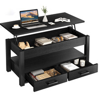 Table basse multifonctionnelle convertible et extensible de style américain, gris, avec plateau relevable en panneau de densité et tiroirs