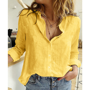 Camicetta Estiva da <span class=keywords><strong>Donna</strong></span> in Maglia Bianca e <span class=keywords><strong>Gialla</strong></span>, Casual con Bottoni e Colletto, Maniche Lunghe e Vestibilità Comoda - Product Image 1