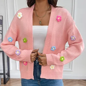 Großhandel Herbst neue Mode V-Ausschnitt lange Ärmel Blume Blütenblätter Oberteil junge Mädchen Damen Kardigan gestrickter Pullover aus der Fabrik