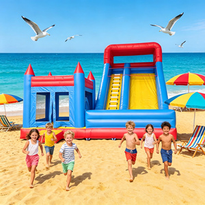 Château gonflable OEM d'usine rouge et bleu à trois tours avec grande toboggan, en PVC, <span class=keywords><strong>pour</strong></span> enfants, idéal <span class=keywords><strong>pour</strong></span> la <span class=keywords><strong>location</strong></span> lors de fêtes d'<span class=keywords><strong>anniversaire</strong></span> en <span class=keywords><strong>extérieur</strong></span> - Product Image 1