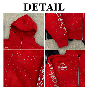 Sweat à capuche zippé pour homme, coupe ample et courte, délavé, effet usé, style streetwear, délavage acide, 500 g/m², avec strass, fabrication sur mesure - Product Image 6