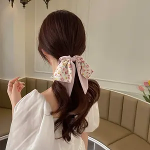 Ikat kepala syal sutra bunga wanita ikat rambut besar Fashion print pita ikat rambut grosir