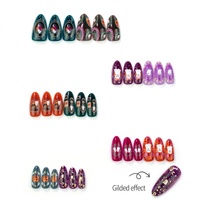 30 Pièces de Faux Ongles Portables en Forme d'Amande, Plaqué Or, pour Halloween, avec Motifs Fantômes, Citrouilles, Fleurs et Pois, au Design Exquis, Mignons et Tendance, pour le Marché International