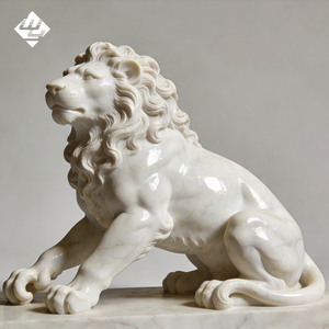 Escultura de León Sentado Hecha a Mano con Piedra Natural Europea, León Guardián de Mármol Puro, Decoración Artística Occidental para Jardín o Parque - Product Image 2