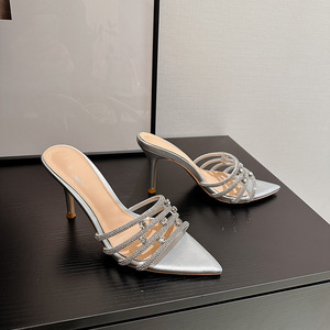 2026 New Rhinestone Silk Satin Slip-On High Heel Slippers Women's Thin Heel Pointed Toe Open Toe Rubber Outsole Wedding <b>Sandals</b> - Product Image 3