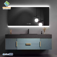 OEM Juerte Meuble-lavabo mural moderne en bois massif avec double vasque en cuivre, miroir de maquillage, robinet et armoire LED pour salle de bain, Stock entrepôt