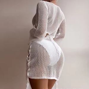 เดรสฤดูร้อนผู้หญิงคุณภาพสูงราคาถูก ลดราคาสุดฮอต เซ็กซี่ โชว์หลัง ผ้าฝ้าย 100% แขนยาว ถักโครเชต์ - Product Image 4