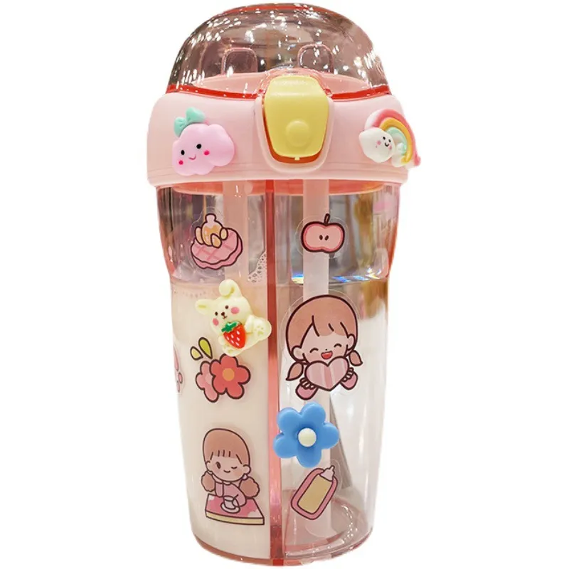 A15 Portable Dual Straw Fancy Plastic Water Bottles Double Drink Cup Children'S Cute Straw Cup Kids Plastic Drink Water Bottle