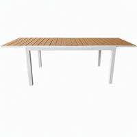 Table de jardin extensible en bois avec plateau en lattes, cadre en aluminium blanc mat, mobilier de jardin pour la cour