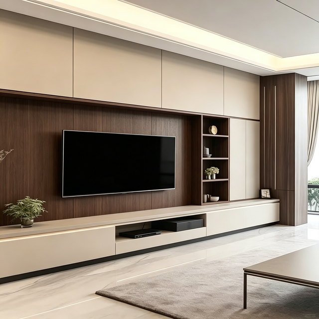 Modern Wooden TV Cabinets with Built-in LED Lights and Open Display Rack, Living Room Furniture Made in China Muebles De TV