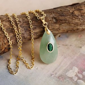 Rose Quartz Teardrop Pendant <b>Necklace</b> With <b>Ruby</b> Inlay Gold Chain Women's Jewelry Gift - Product Image 3