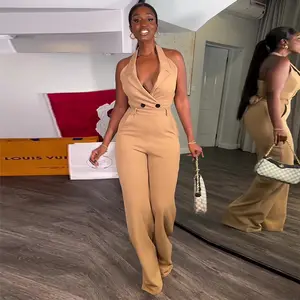 Best Selling V-neck Sleeveless Backless High Waisted One Piece Jumpsuit Women Casual Wide Leg Women Summer Jumpsuits With Belt