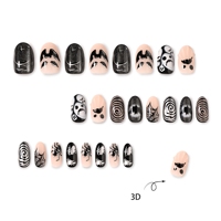 Uñas Postizas de PMMA con Diseño de Telaraña de Araña y Murciélago de Halloween, Estilo Francés en Espiral, Forma de Almendra, Color Negro y Blanco, Personalizables, para las Fiestas